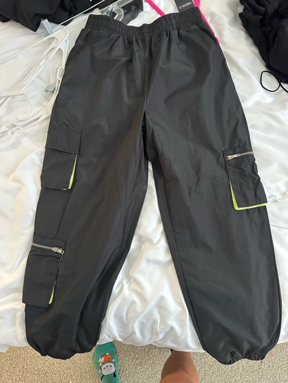 Forever 21 Black Cargo Pants with Neon Lime Trim